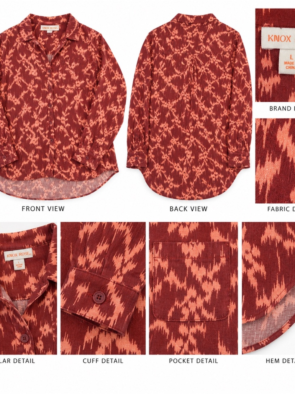 Knox Rose Rust Pink Ikat Lyocell Button Down Boho Shirt L